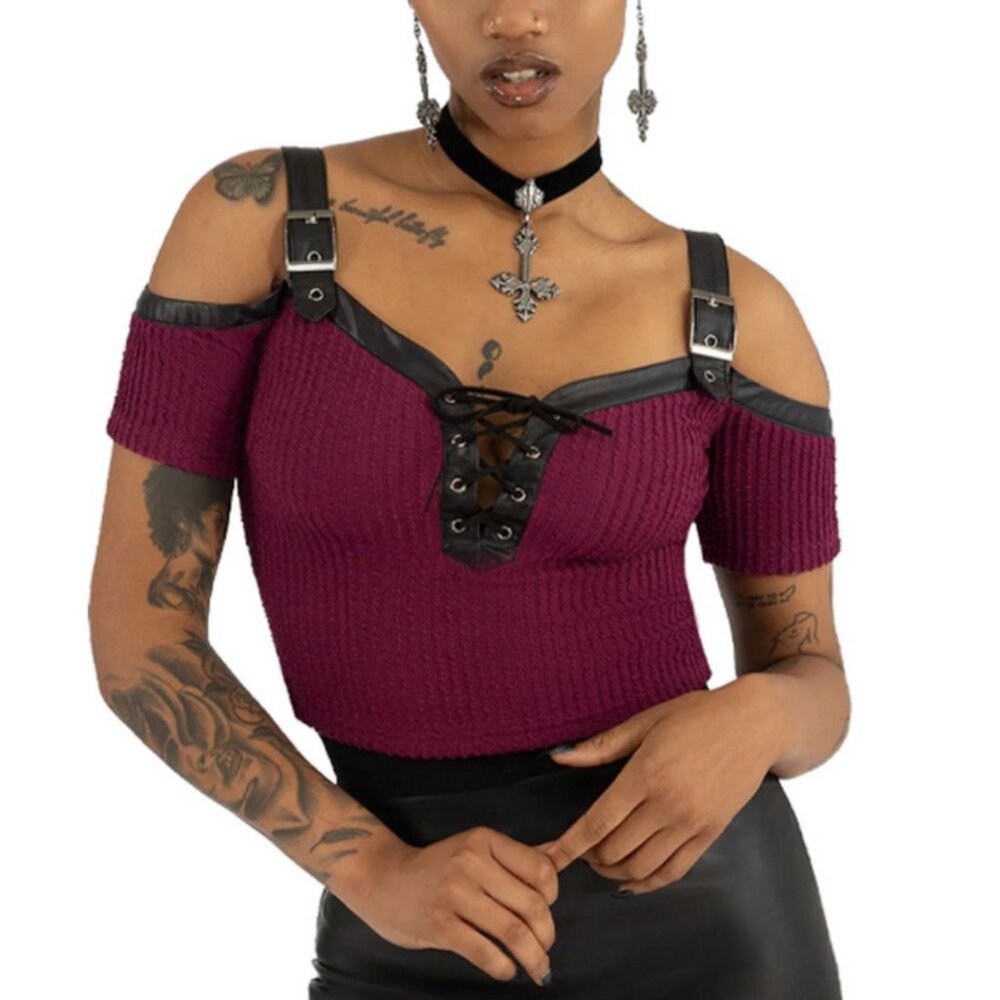 Killstar Hot-Blooded Top Womens XL Wine Red Laced Strappy Goth Witchy Lowcut NEW